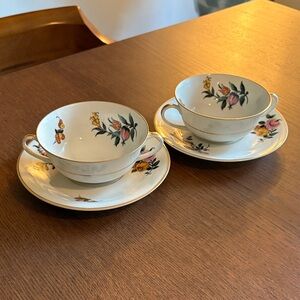 A. LANTERNIER -  Double Handled Floral Porcelain Tea Cup & Saucer (Set of 2)